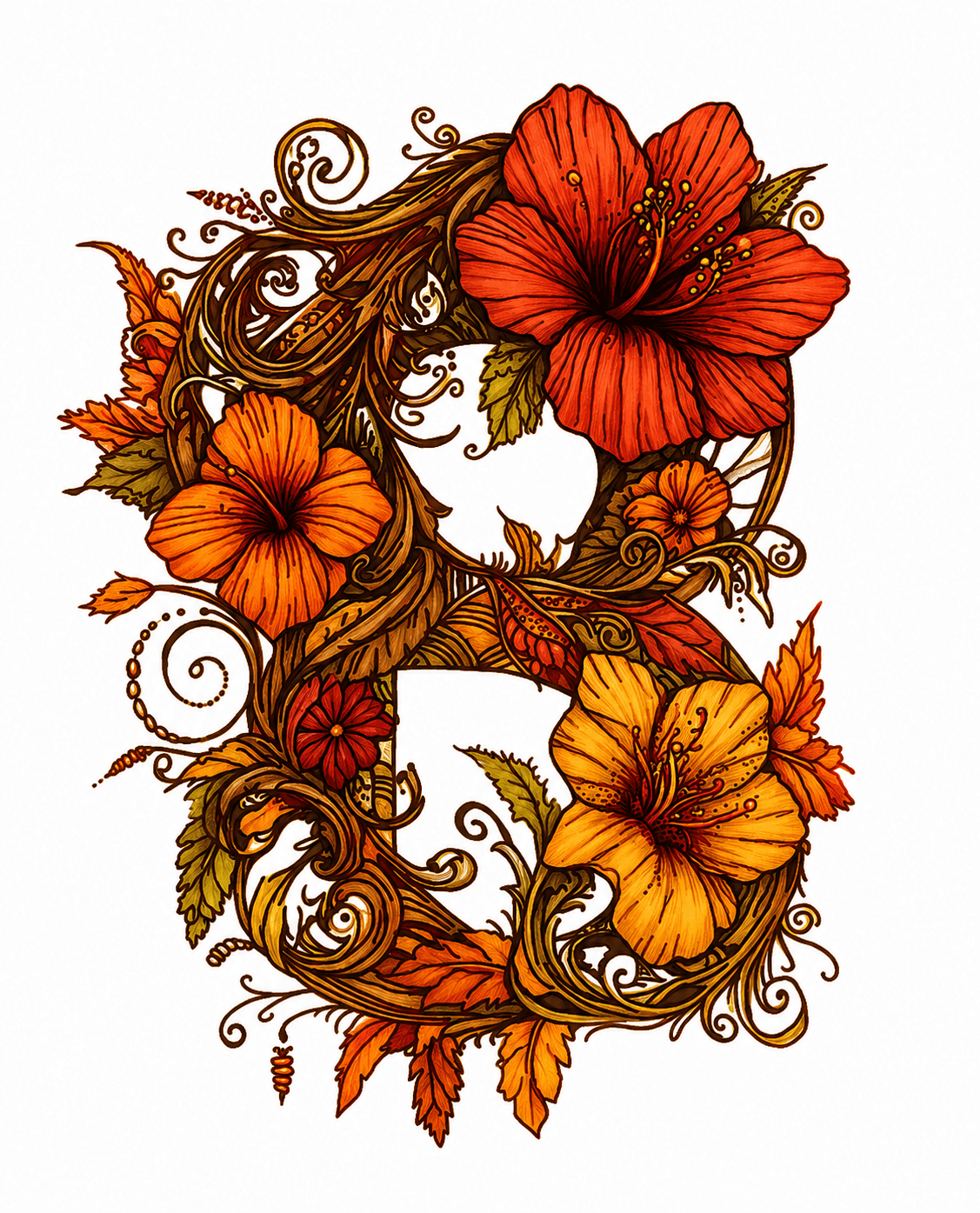 Intricate letter B illustration featuring swirling vines, vibrant orange hibiscus flowers, and decorative autumn leaves.